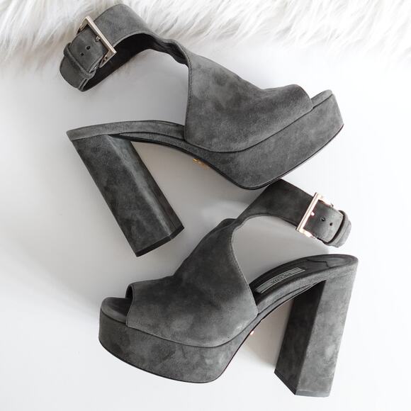 Prada Grey Suede Cutout Suede Peep Toe Platform Sandals - Picture 3 of 12